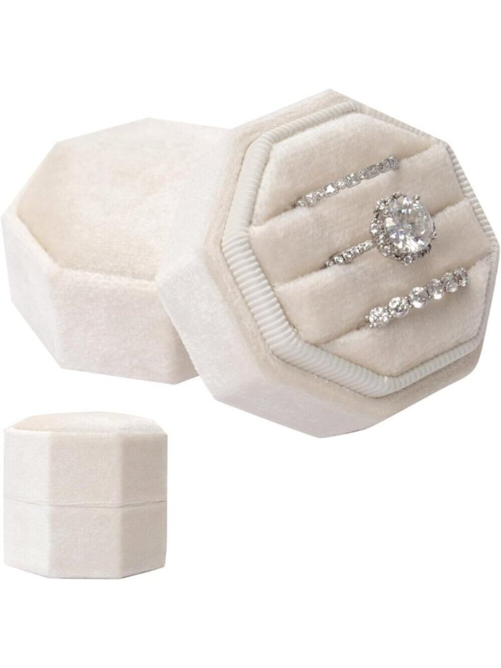 Vintage Velvet Octagon Ring Box 3 Slots Jewelry Display Holder Engagement Gift